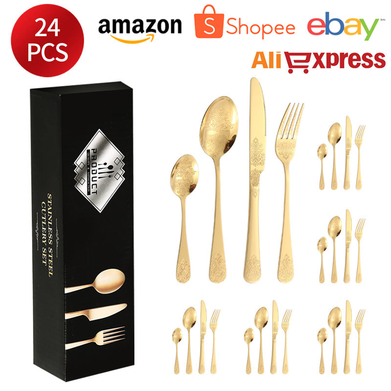 Stainless Steel Cutlery Set1010Double Flower Relief Knife, Fork, and Spoon24Set of Western Steak Knives and Forks