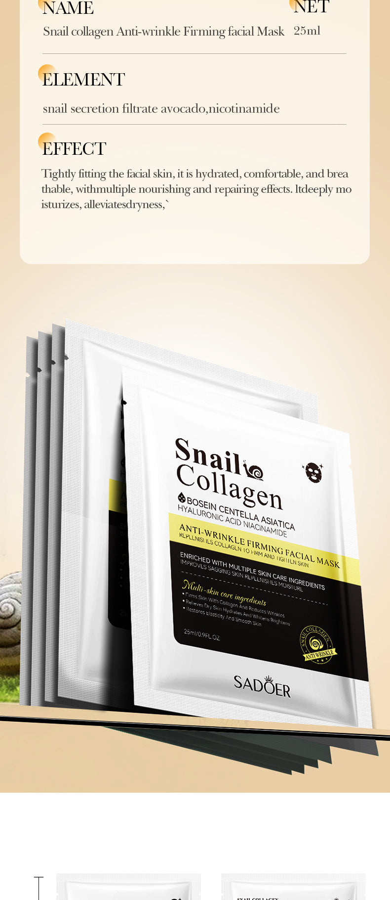 Full English Snail Face Mask SADOER Collagen anti-wrinkle firming delicate skin mask  wholesale