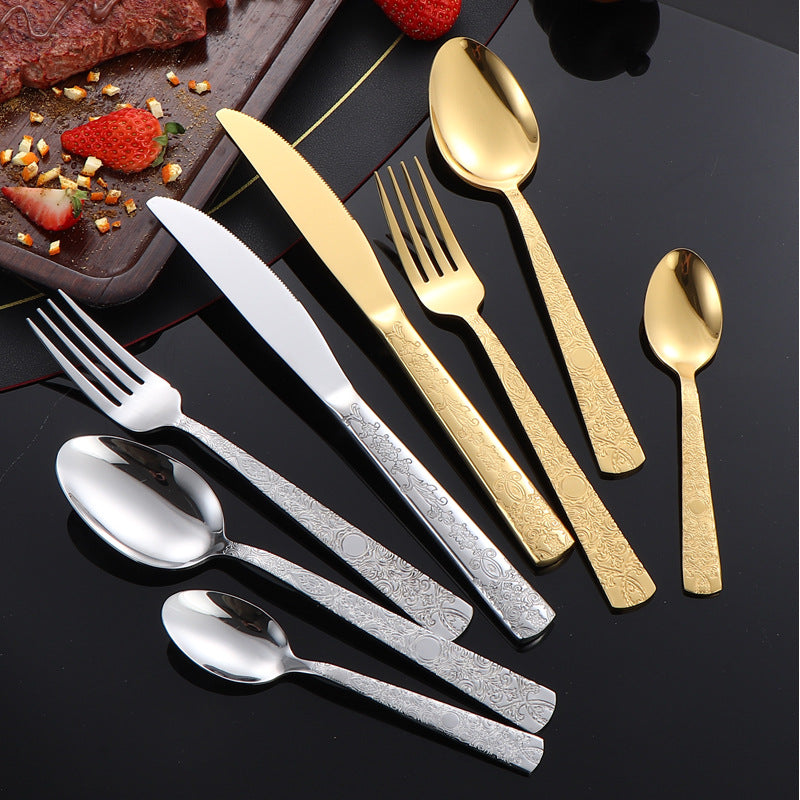 410Stainless Steel Tableware Hotel Restaurant Totem Pattern Knife Fork Spoon Four-Piece Set Western Steak Knife Fork24Set
