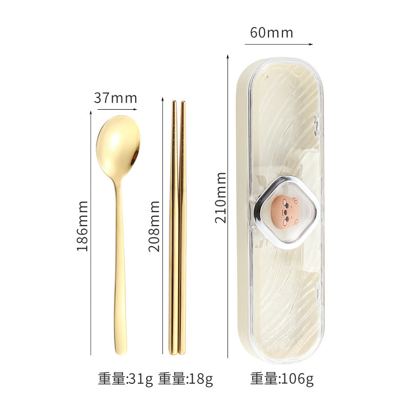 304Stainless Steel Tableware Student Cartoon Portable Tableware Set Work Outdoor Fork Spoon Chopsticks Three-piece Set