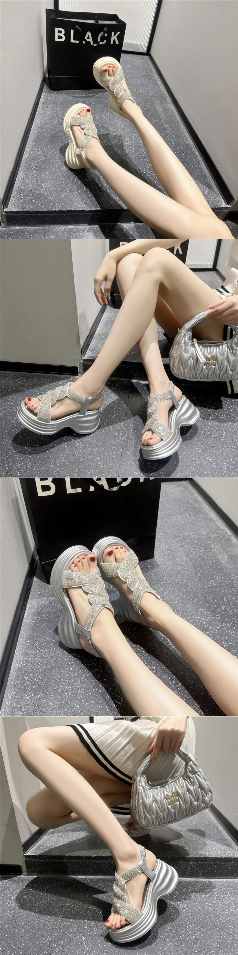 Trendy Summer High Heel Sandals7cm Rhinestone Fish Mouth Thick Sole Sandals Versatile Breathable