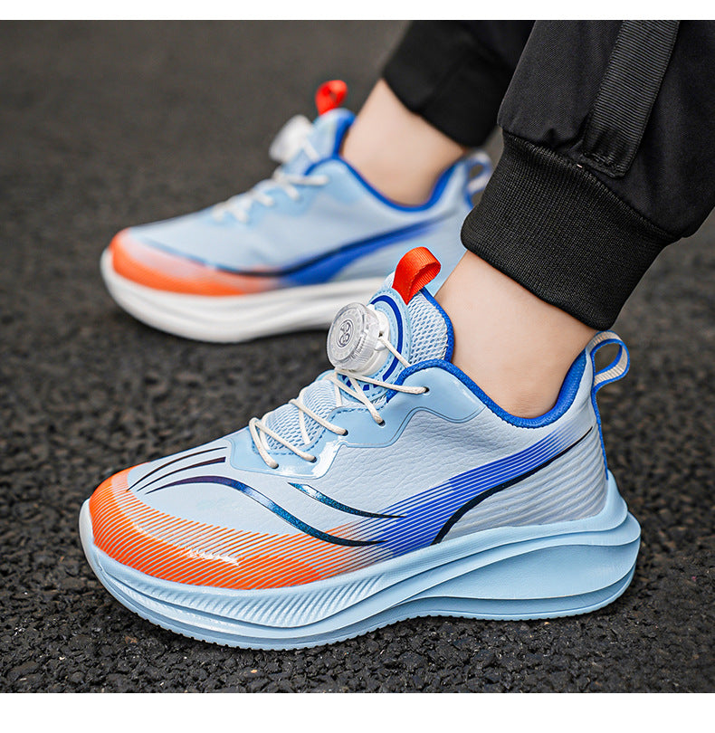 Red Rabbit Rotating Button Children's Shoes Leather Surface Waterproof Middle and Large Children Student Running Shoes Shock Absorption Lightweight Sports Shoes Comfortable