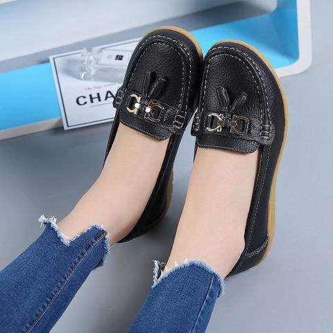 Soft Sole Loafers for Women, Waterproof Leather Casual Wedge Flat Shoes with Rubber Sole for Middle-Aged Moms