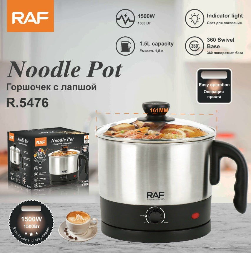 RAF European Standard Portable Stainless Steel Single Person Electric Cooking Cup1.5L Integrated Instant Noodle Cooker Electric Pot R5476