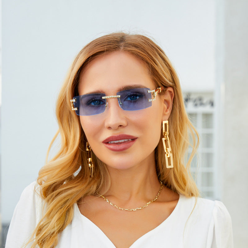 Imitation Wood Grain Leg Retro Sunglasses for Men Fashion Trend Diamond-Studded Rimless Sunglasses Men's Sun Protection Square Frame Glasses Street Style