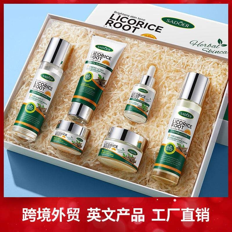 Licorice VC Skin care set SADOER Whitening, hydrating, skin rejuvenation, nourishing six-piece set for cross-border foreign trade wholesale