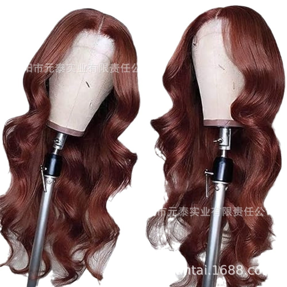 13*4Amazon European and American Wig Women's Synthetic Fiber Front Lace Long Curly Hair wig Reddish Brown Big Wave Headband
