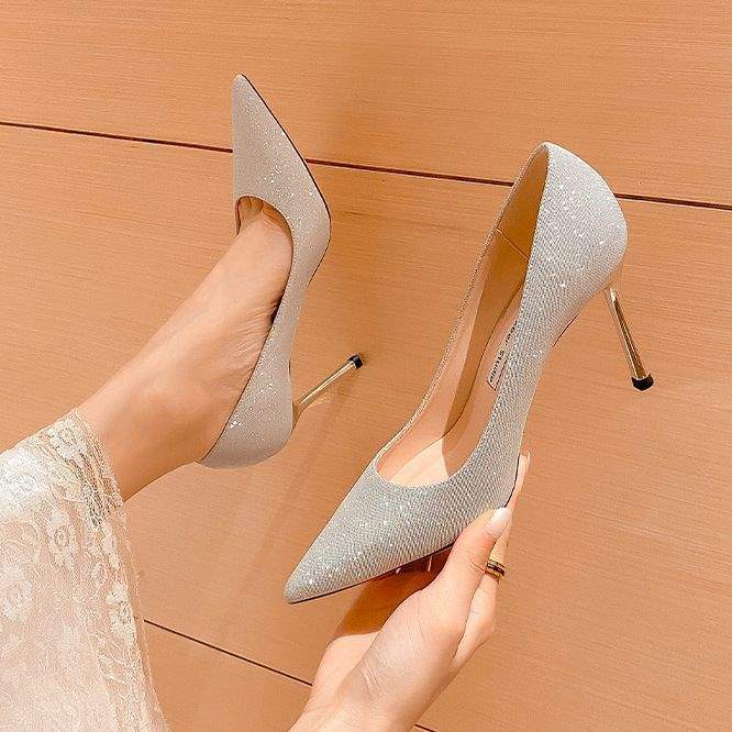 Main Wedding Dress silver High Heel Wedding Shoes for Women Thin Heel2025New Year's New Bride Xiuhe Dress Two-Wear Can Be Worn Daily