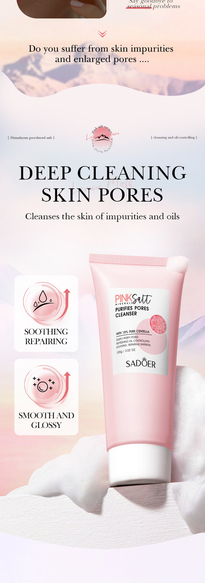Himalayan Pink Salt Facial Cleanser SADOER Pore Cleansing Facial Cleanser Cross-Border Wholesale