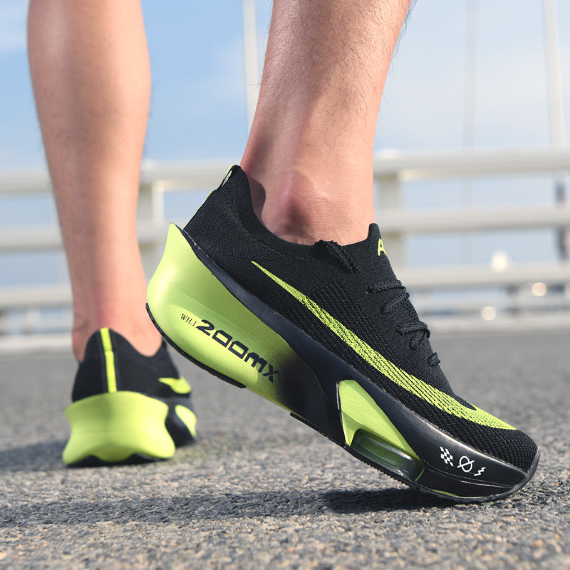 Autumn New High Elastic Double Mesh Breathable Student Training Racing Running Shoes Air Cushion Shock Absorption Full Palm Carbon Plate Sports Shoes