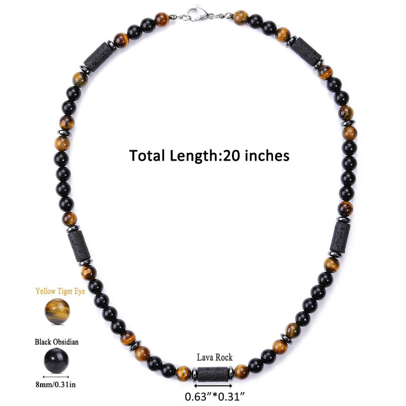 Obsidian Tiger Eye Necklace8mm Natural Stone Rectangular Cylindrical Volcanic Stone Men's Tiger Eye Stone Spacer Necklace