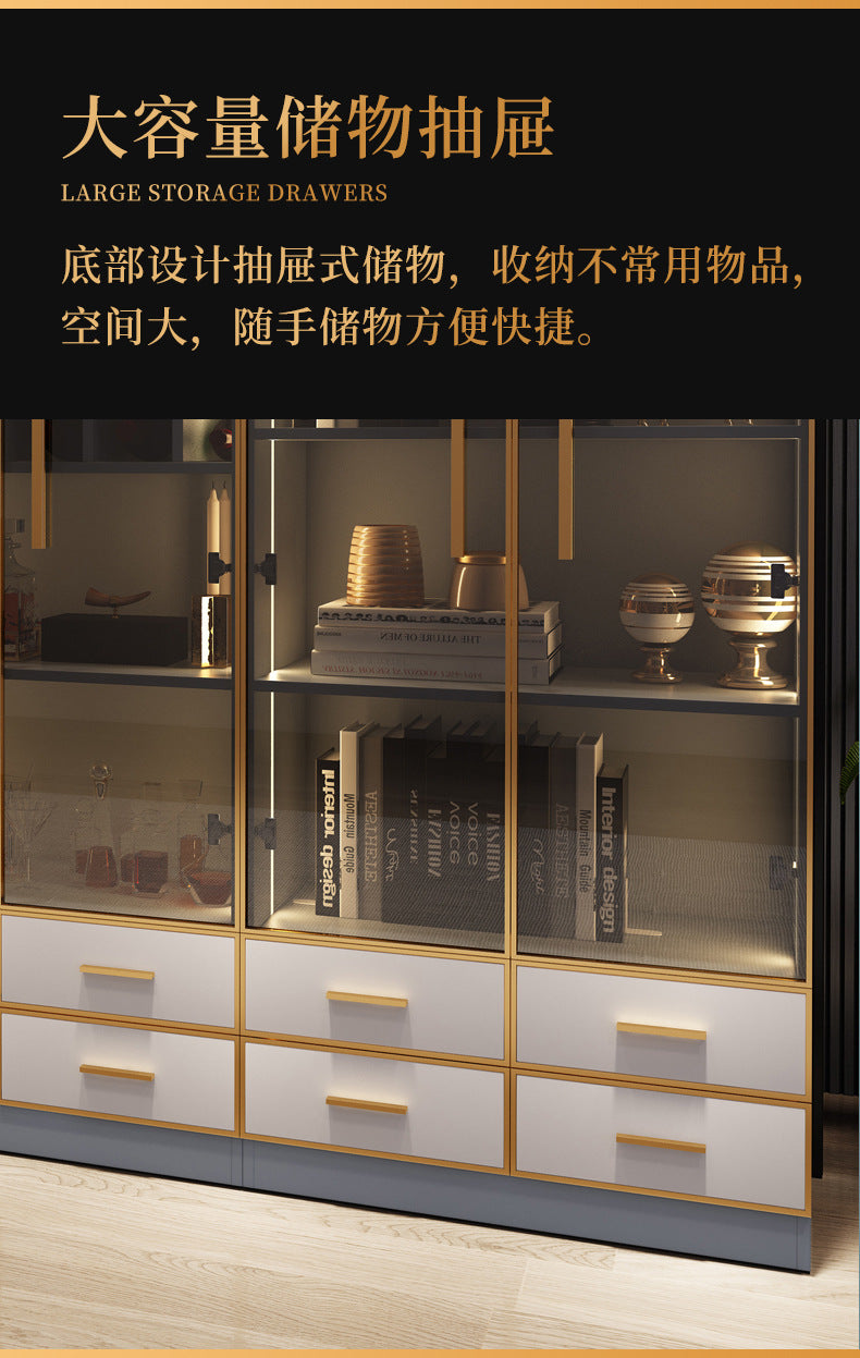 Modern Light Luxury Bookshelf Paint-Free Board Aluminum Alloy Glass Door Combination Bookshelf Wine Cabinet Simple Floor Storage Cabinet Integrated