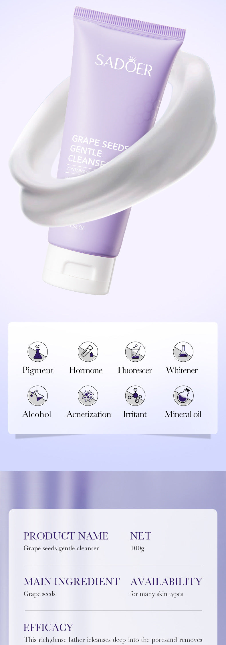 Grape Seed Skin Care Series SADOER Mild and Moisturizing Facial Cleanser, Skin Rejuvenating Eye Cream, Cross-Border Wholesale