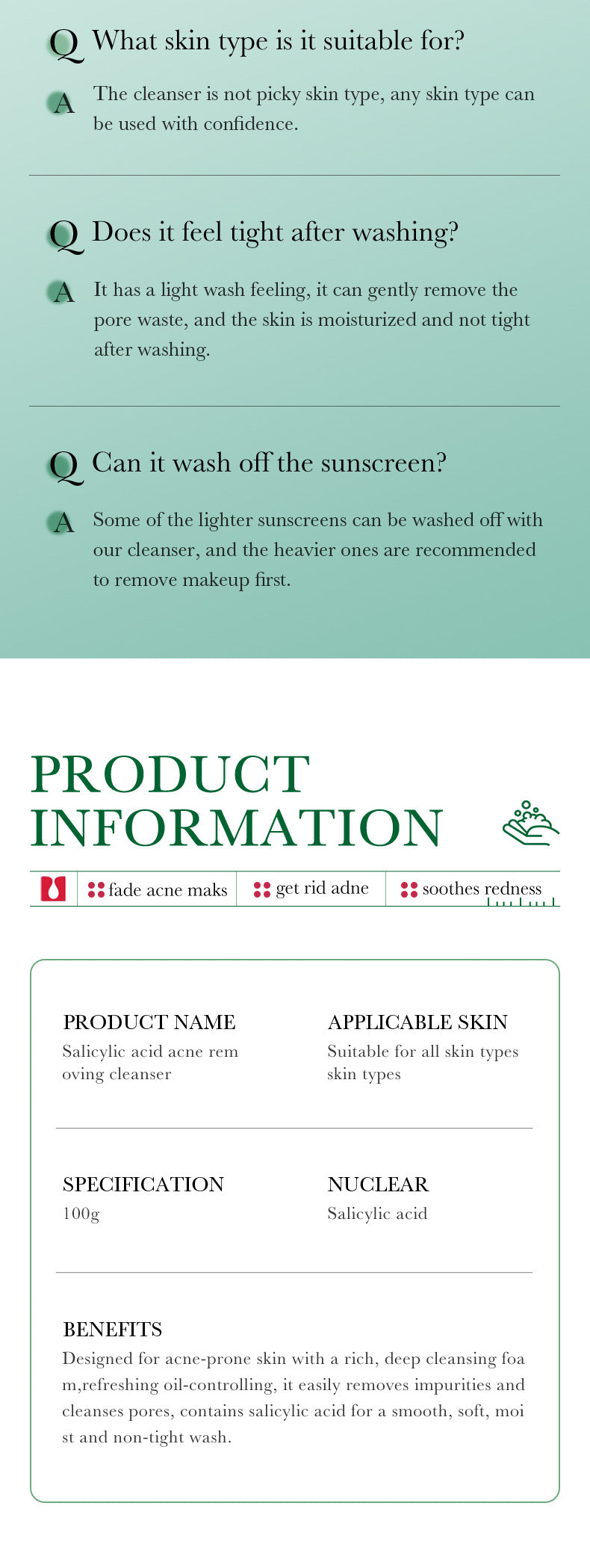 Salicylic Acid Facial Cleanser100g BIOAOUA Deep Cleansing Moisturizing Facial Cleanser  Wholesale