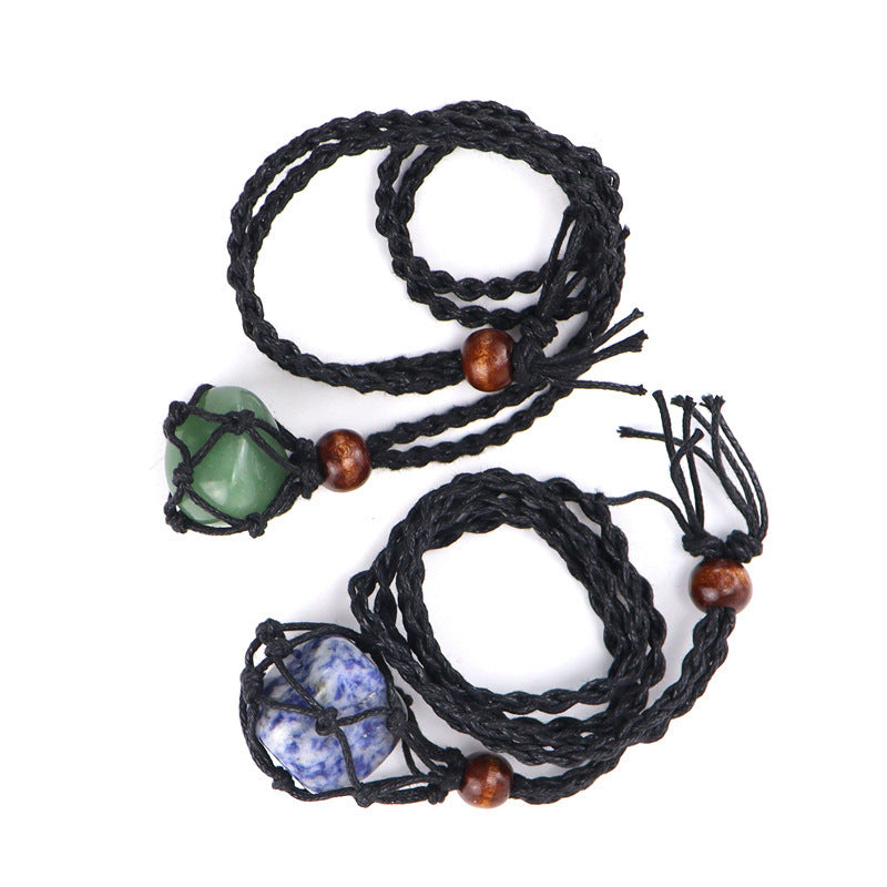 Men's Woven Mesh Necklace Natural Stone Crystal Vintage Sweater Chain Tiger Eye Stone Lapis Lazuli Amethyst Mesh Necklace