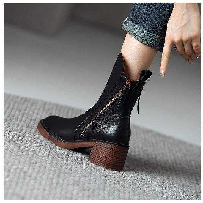 Spring and Autumn Thin Boots Thick Sole Round Toe Double Zipper Martin Boots Women's Thick Heel Platform Sole Versatile Retro Short Boots