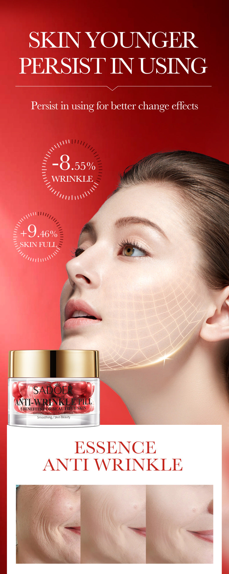 Anti-Wrinkle Pills Anti-Wrinkle Essence Oil SADOER Firming, Moisturizing and Rejuvenating Essence Cross-Border Foreign Trade Wholesale