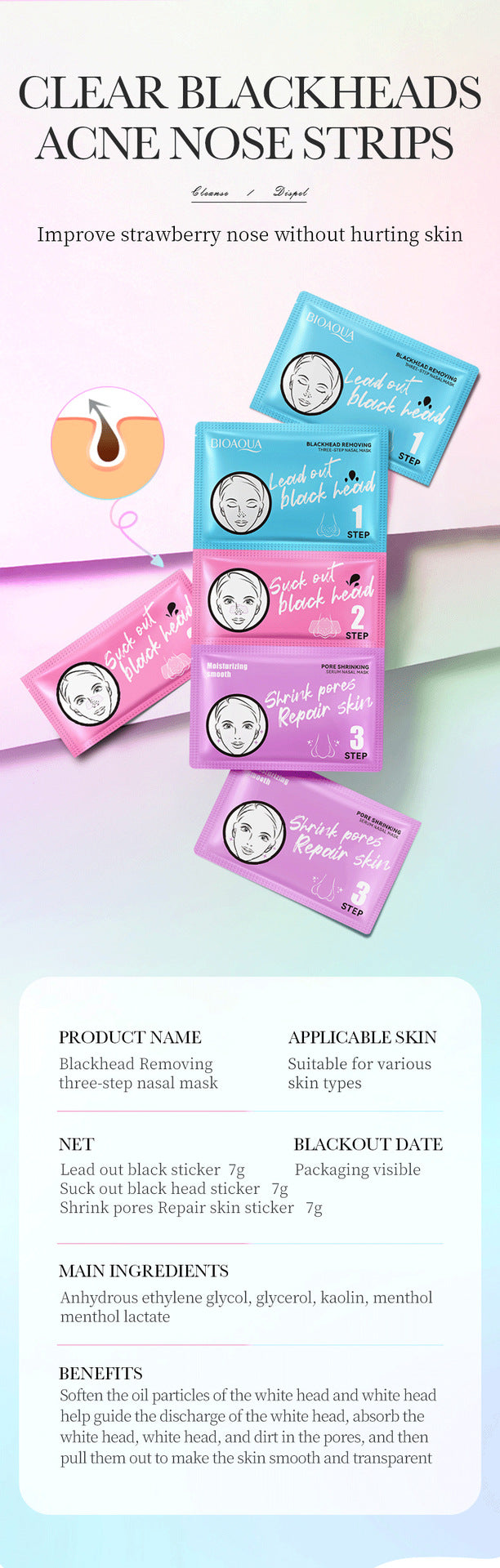 Three-Step Blackhead Removal Nose Strips BIOAOUA Clean Pores T District Nursing Set Cross-Border Wholesale