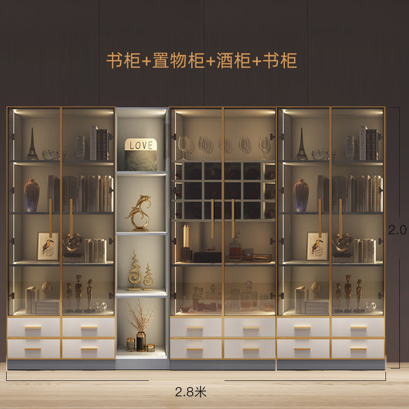 Modern Light Luxury Bookshelf Paint-Free Board Aluminum Alloy Glass Door Combination Bookshelf Wine Cabinet Simple Floor Storage Cabinet Integrated