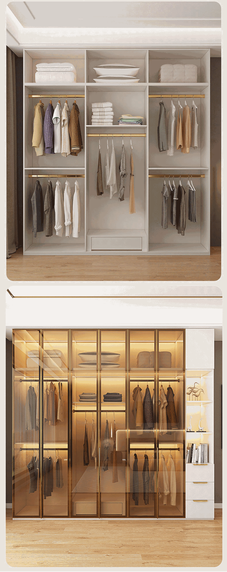Glass Door Wardrobe with Lights, Solid Wood, Home Bedroom, Modern Simple European Pine Board, Cream Color, Skin Feel Storage, Large Wardrobe