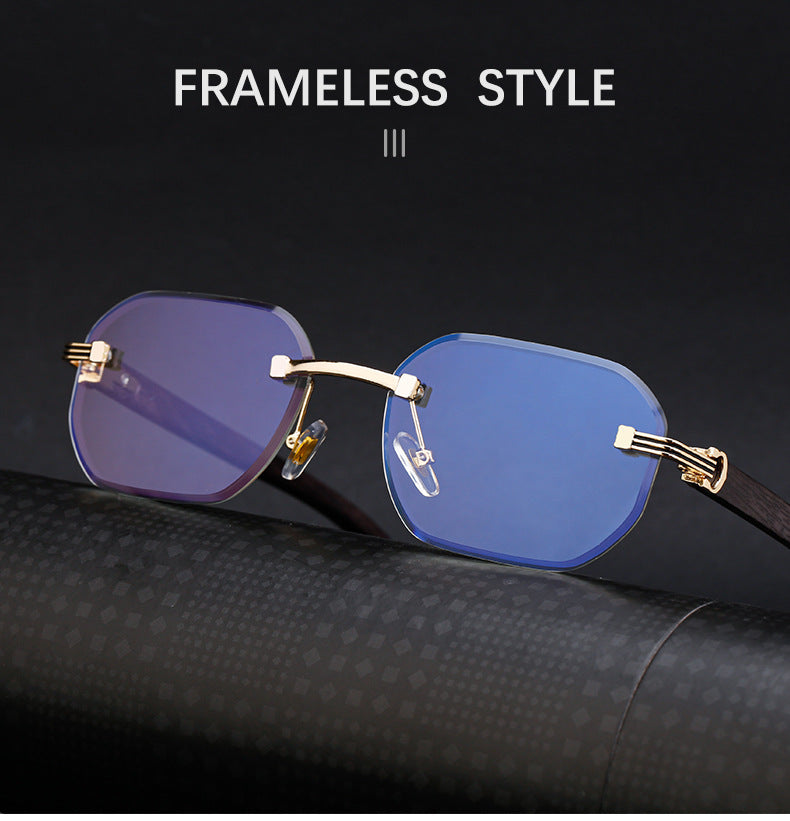 Frameless Glasses for Men High-End European and American Retro Imitation Wood Grain Temple Sunglasses UV Protection Personality Sunglasses