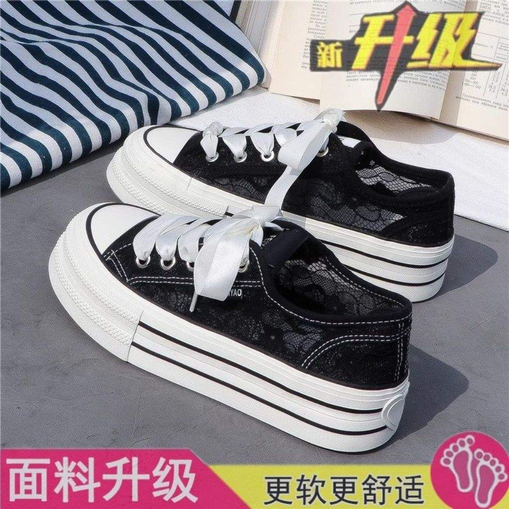 Women's White Sneakers with Breathable Mesh and Hollow Design2025Summer Versatile New Thick-Soled Casual Canvas Shoes ins