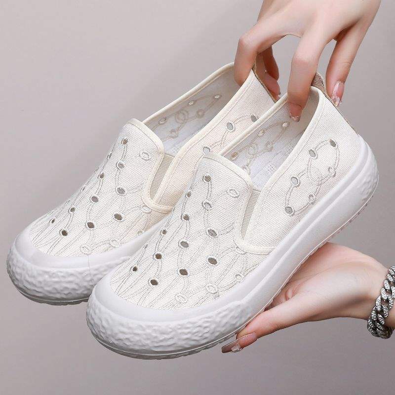 New Hollow Mesh Women's Shoes Breathable Perforated Fisherman Shoes White Canvas Shoes Women's Fashion Versatile Thick Sole Mesh Shoes
