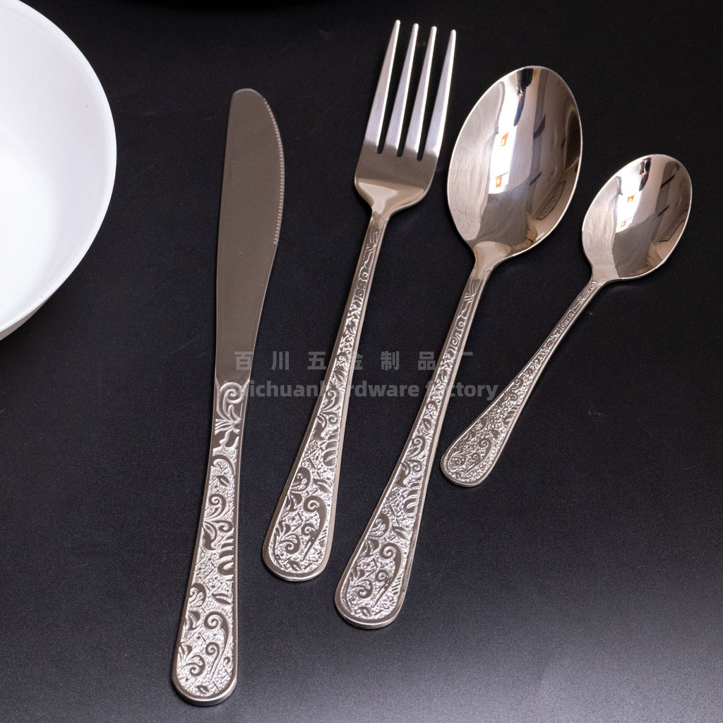 Phoenix Series Knife, Fork, and Spoon Stainless Steel Cutlery Set Five-Piece Retro Relief Pattern Western Steak Knife and Fork