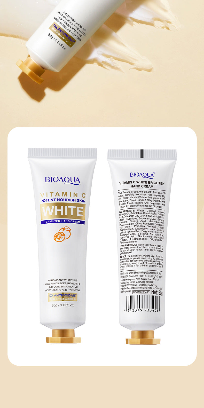 foreign trade BIOAOUA Vitamin C Whitening and Brightening Hand Cream Anti-Cracking Moisturizing Whitening Hand Cream Wholesale