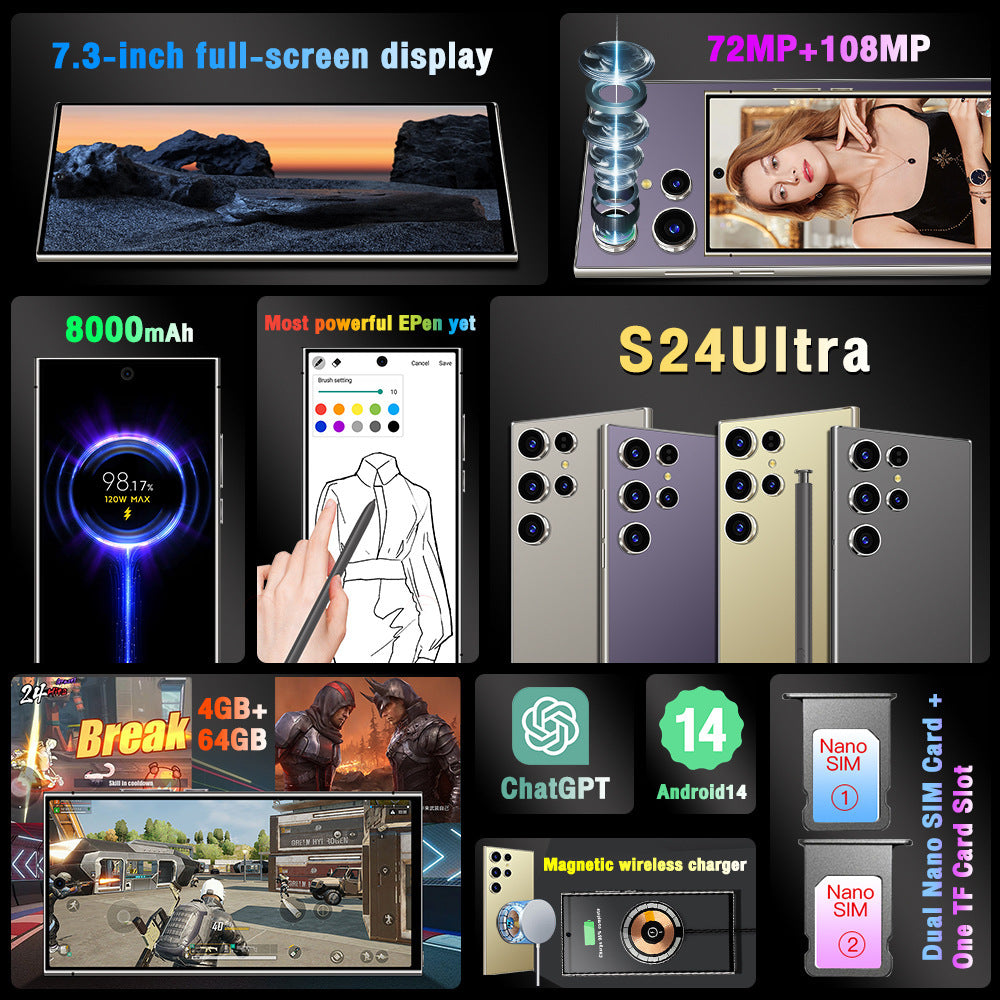 S24Ultra Android Phone1:1Wireless Charging6.75Inch4G Smartphone3+64Delivery