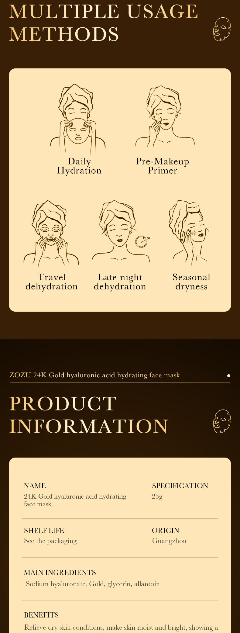 24k Gold Mask25g ZOZU Hyaluronic Acid Hydrating Moisturizing Tablets Cross-Border Wholesale