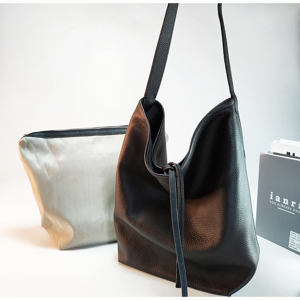 Women's Genuine Leather Underarm Bag, Large Capacity Single Shoulder Tote Bag, Top Layer Cowhide Commuter High-End Bucket Bag