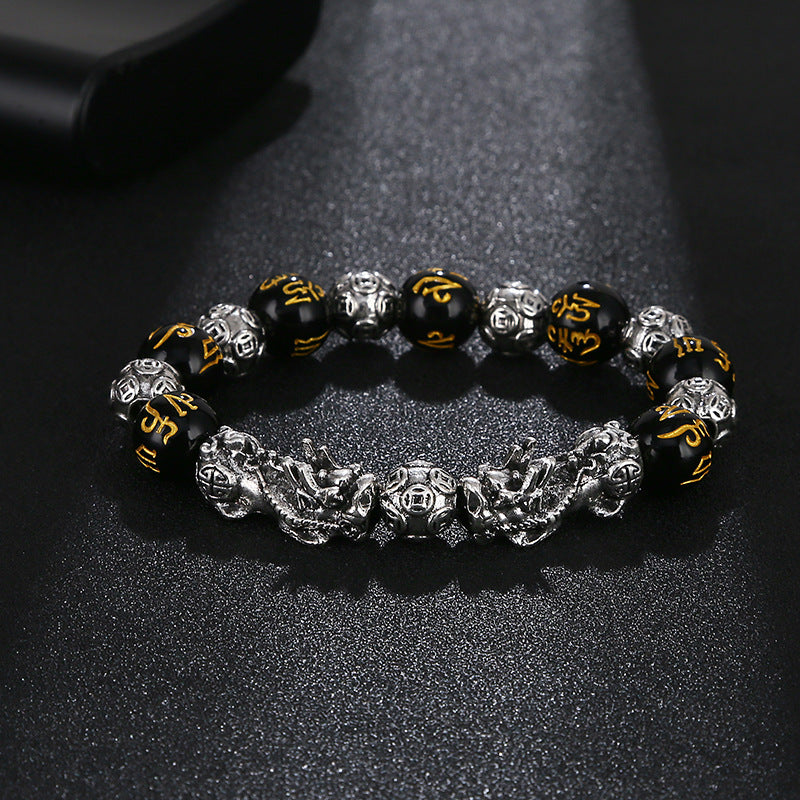 Imitation Obsidian silver Pixiu Bracelet for Women, Wealth-Attracting and Blessing Multi-Gem Bracelet with Six-Word Mantra Buddhist Beads Pixiu Bracelet