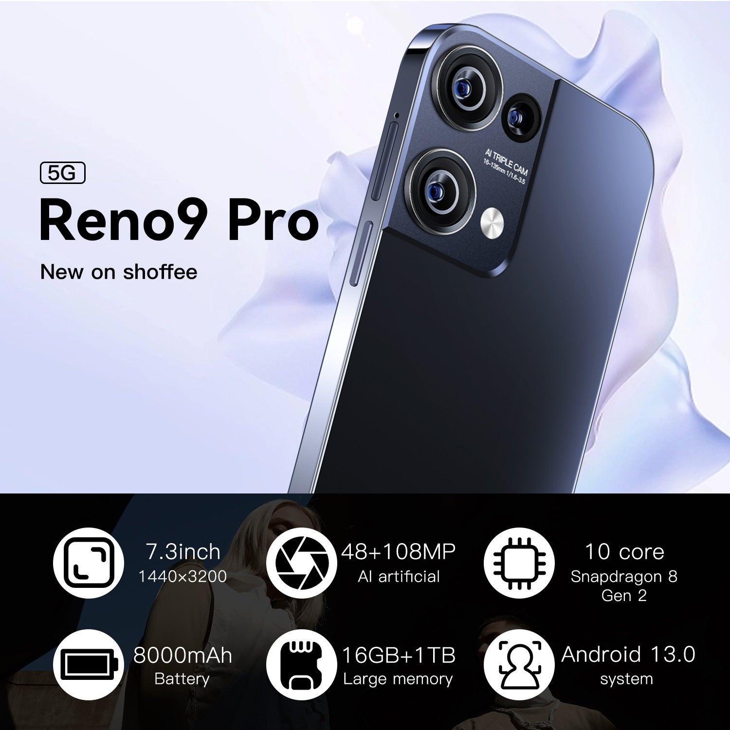Reno9 Pro Mobile Phone7.3Inch high-definition large-screen Android smartphone factory price wholesale(Popular)