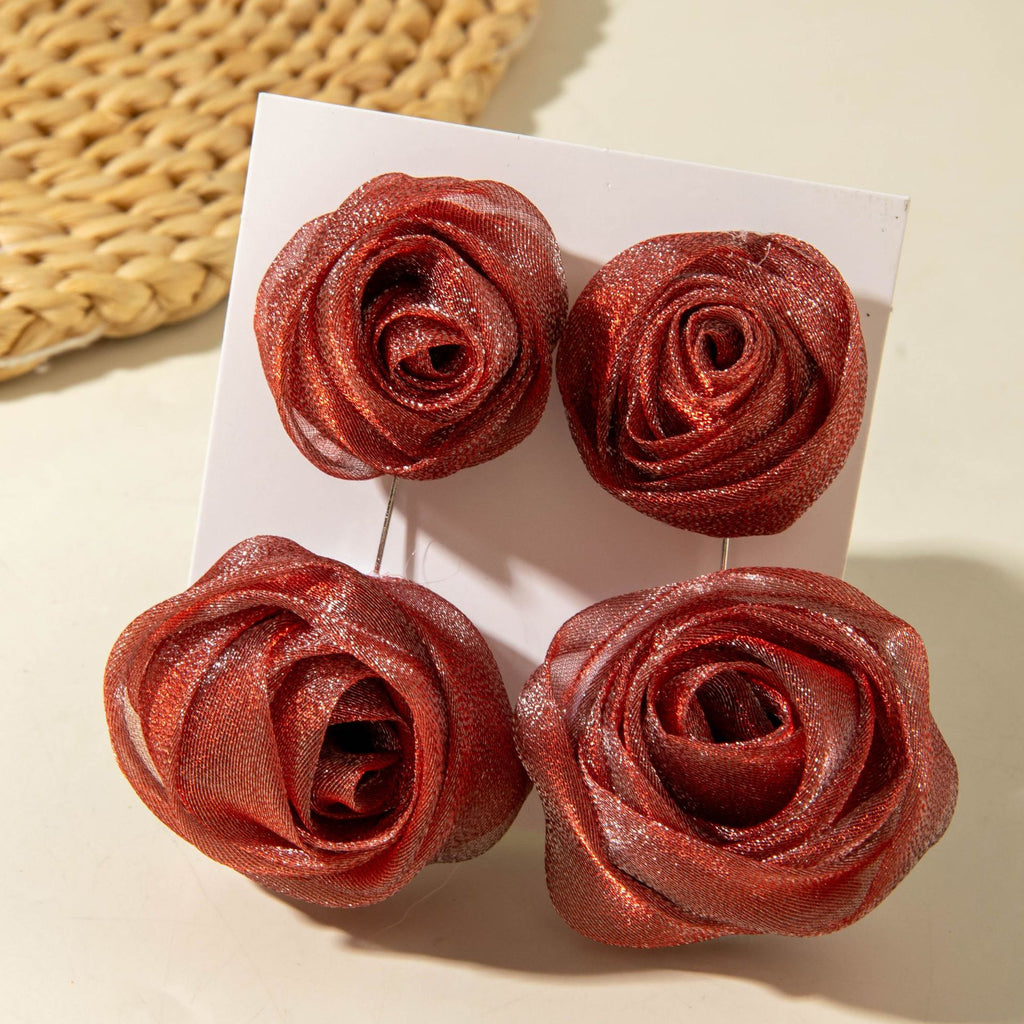 European and American Light Luxury High-End Fabric Rose Flower Earrings Fashion Versatile Three-Dimensional Flower Earrings Wholesale