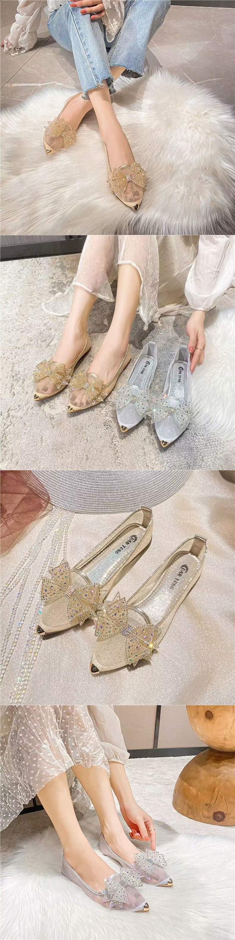 Women's Summer Mesh Single Shoes2025New Rhinestone Bow Gentle Style Lady Shoes Flat Breathable Mesh Shoes Pointed Toe