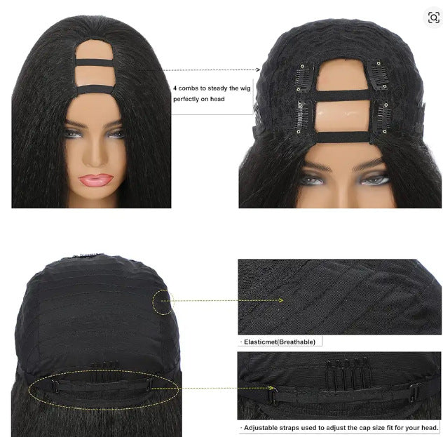 Black Fluffy U Long Straight Wig yaki Wig Hair Clip Half Wig U Part Yaki Wig
