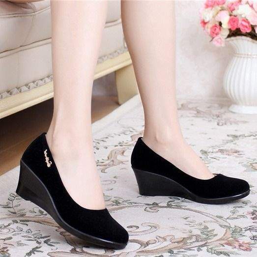 Spring and Autumn Old North Cloth Shoes Women's Shoes Single Shoes Wedge Flat Hotel Workwear High Heel Black Work Shoes Dance Shoes Women