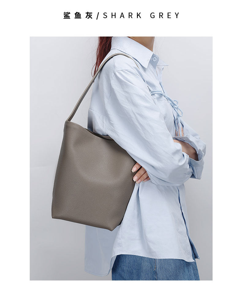 Autumn and Winter Niche row Bucket Bag Top Layer Cowhide Single Shoulder Bag Large Capacity Tote Bag for Women Commuting