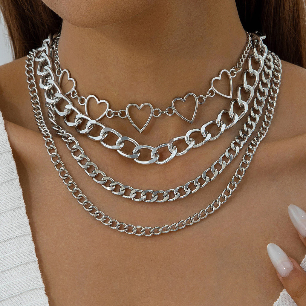 European and American Style Jewelry Hip-Hop Personality Geometric Exaggerated Necklace Heart-shaped Flat Thick Chain Hollow Multi-layer Necklace Wholesale