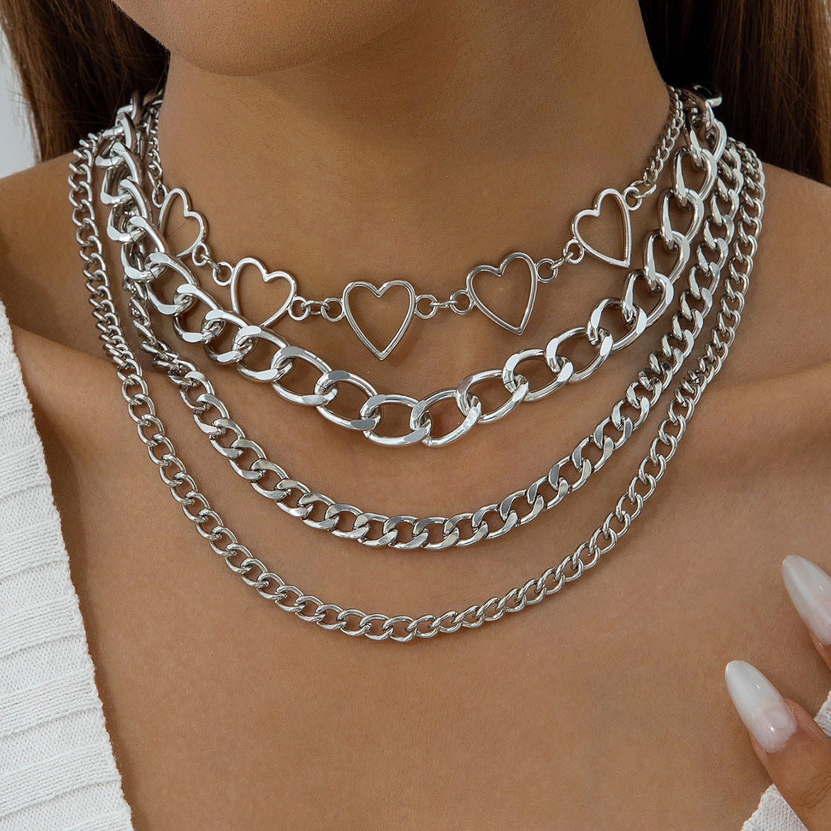 European and American Style Jewelry Hip-Hop Personality Geometric Exaggerated Necklace Heart-shaped Flat Thick Chain Hollow Multi-layer Necklace Wholesale