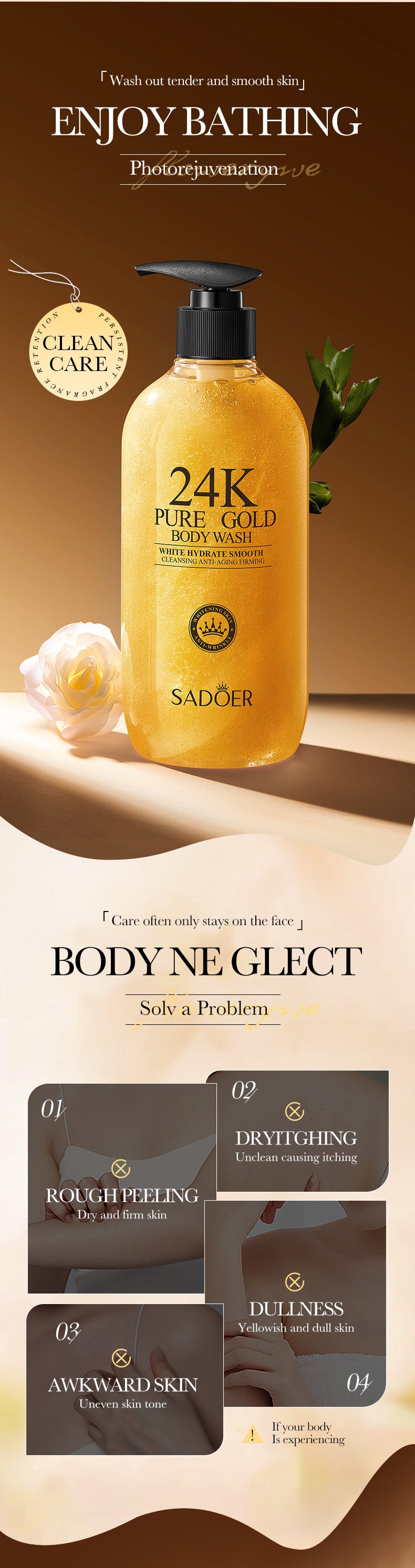 24K Gold Shower Gel500ml SADOER Cleansing and Moisturizing Fragrance Body Wash Cross-Border Wholesale