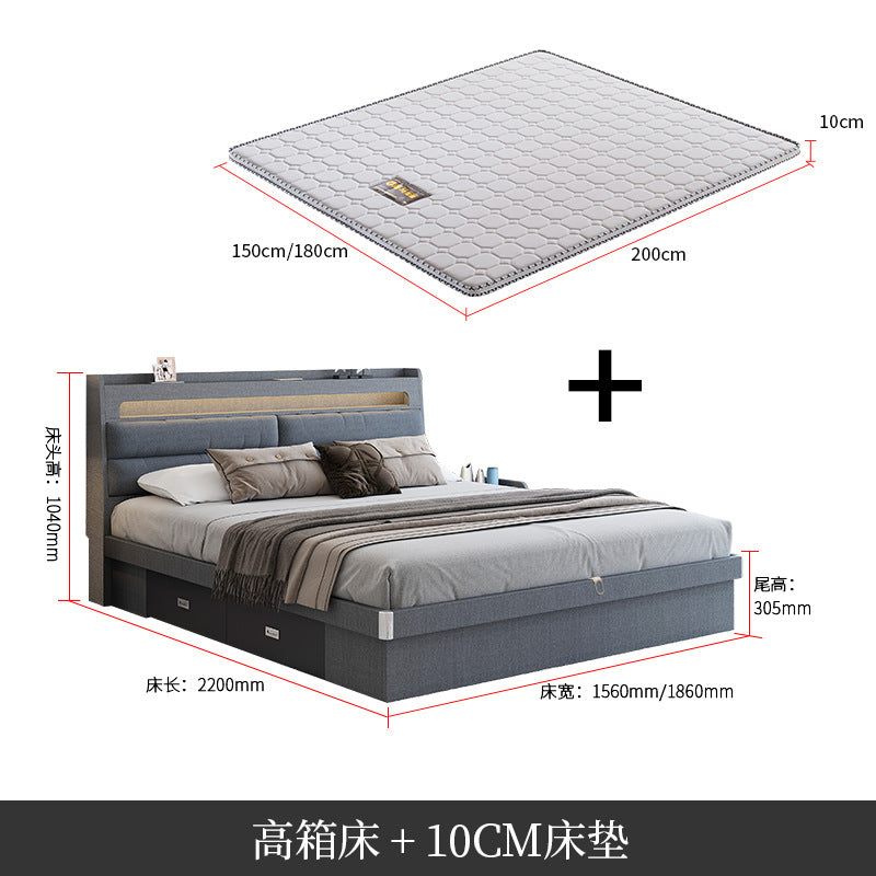 Factory Custom Tech Fabric Bed1.8Gray High Box Storage Bed for Bedroom Double Bed, No Paint Needed, Storage Artifact