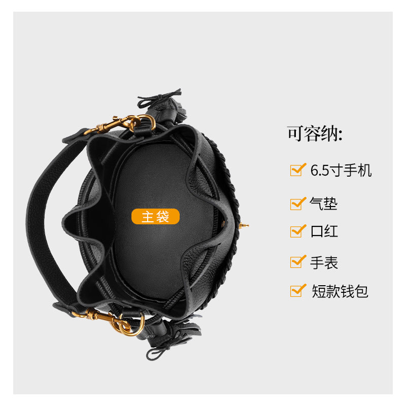 European and American First Layer Cowhide Women's New Genuine Leather Handbag Trendy Bucket Bag Tassel Niche Drawstring Shoulder Crossbody Bag