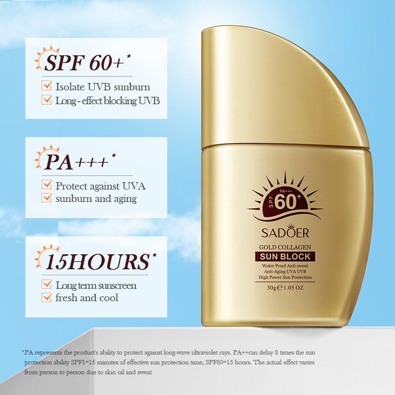 SPF60+Sunscreen30g SADOER Gold Collagen Protective Isolation Cross-Border Wholesale