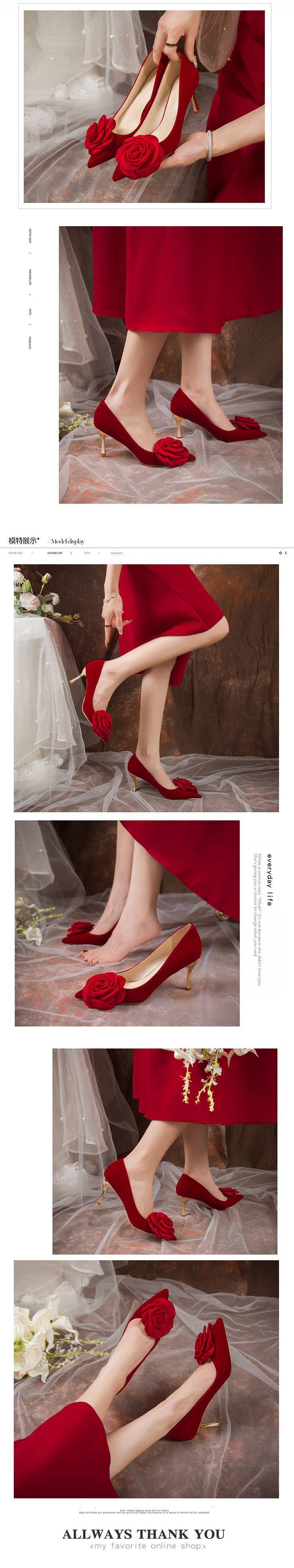 Comfortable French Fairy Red Rose Wedding Shoes Bride Shoes Elegant Satin Thin Heel Pointed High Heels for Women