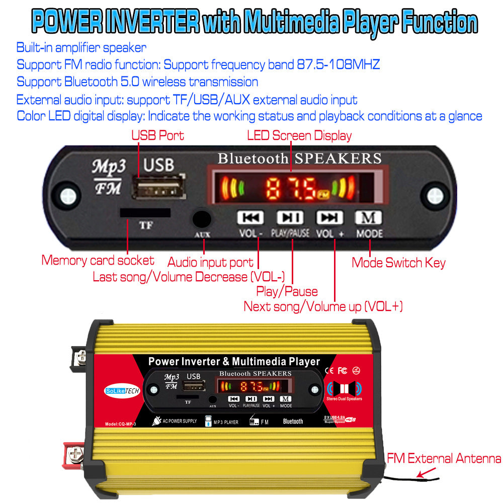 Car Converter Small Electrical Car Inverter300W 12V110V/220V Double USB Mouth MP3Player