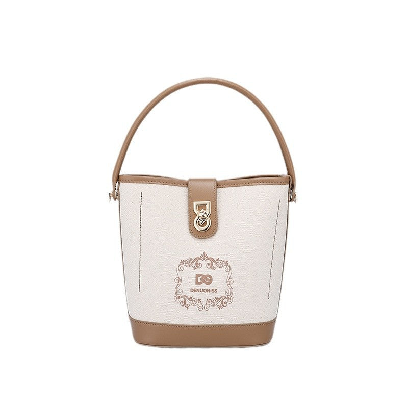 Korean Style Simple Canvas Contrast Color Bucket Bag Women's Stitching Portable and Fashion Women's Bag Versatile Messenger Bag