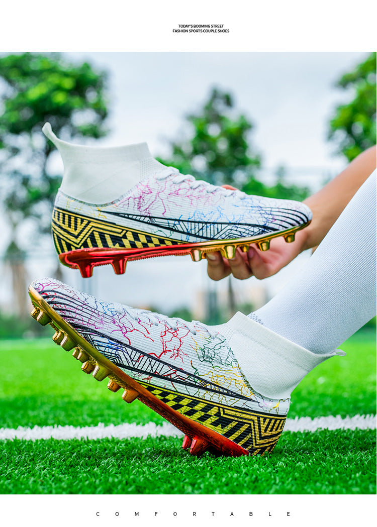 Large Size Men's Soccer Shoes AG Long Spike Gold-Plated Hot Stamping Football Shoes for Youth Professional Competition Training Shoes Wholesale