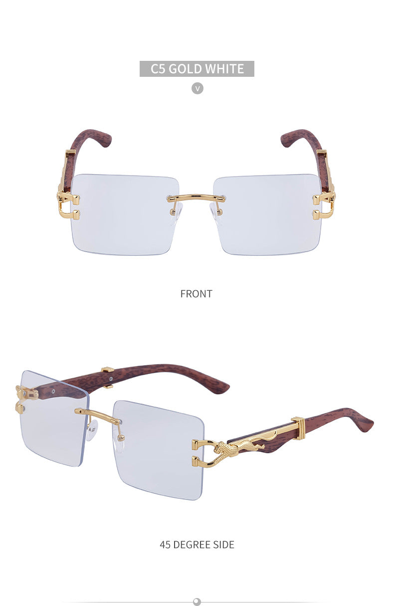 Vintage Rimless Sunglasses for Women with Leopard Wood Grain Temples, Square Frame Sunglasses for Men, Trendy Eyewear shades